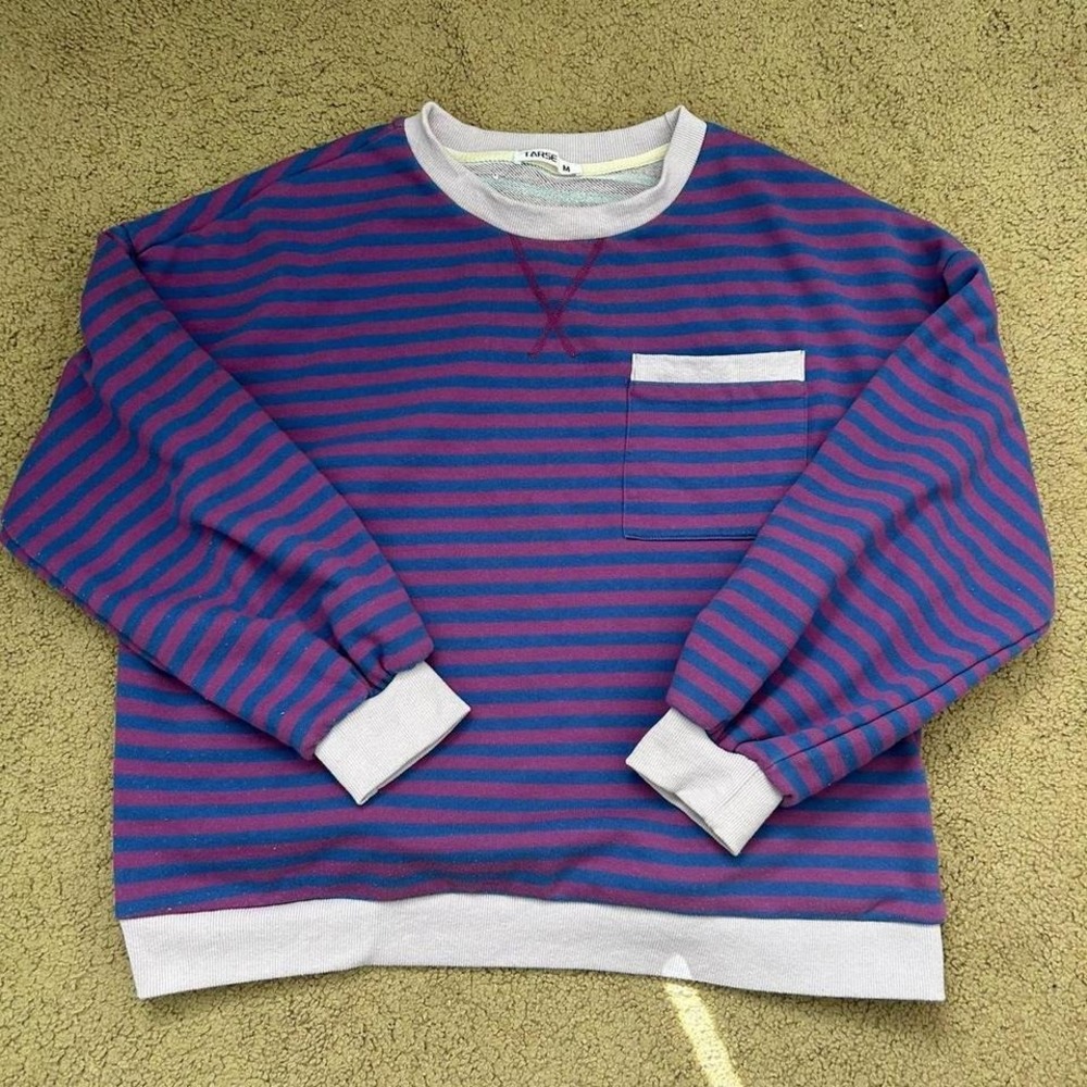 Oversized purple and blue striped crewneck sweatshirt with pocket